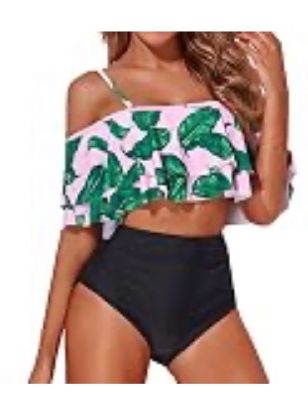 Tempt Me Floral Pink & Green Off-Shoulder Ruffle Bikini Swim Top Size Large